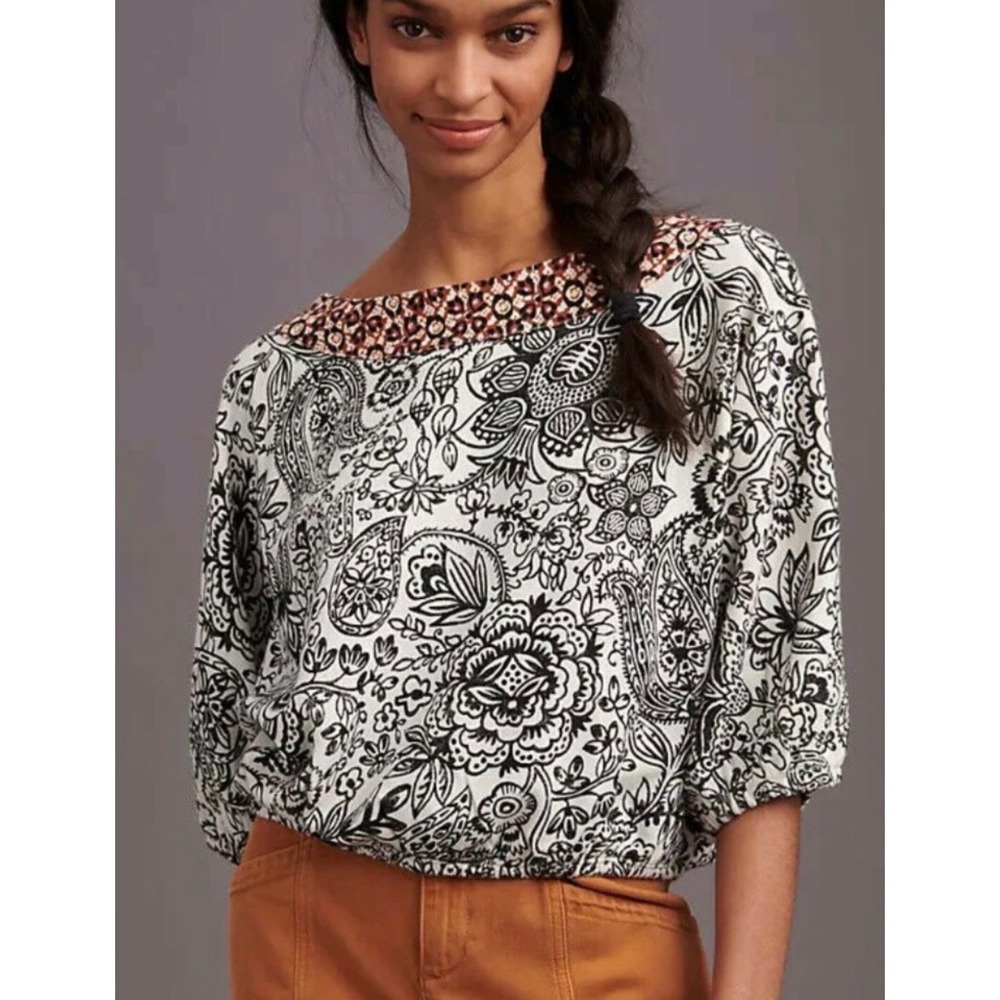 Anthropologie Samia Top French Terry Black White Paisley Boho XS
